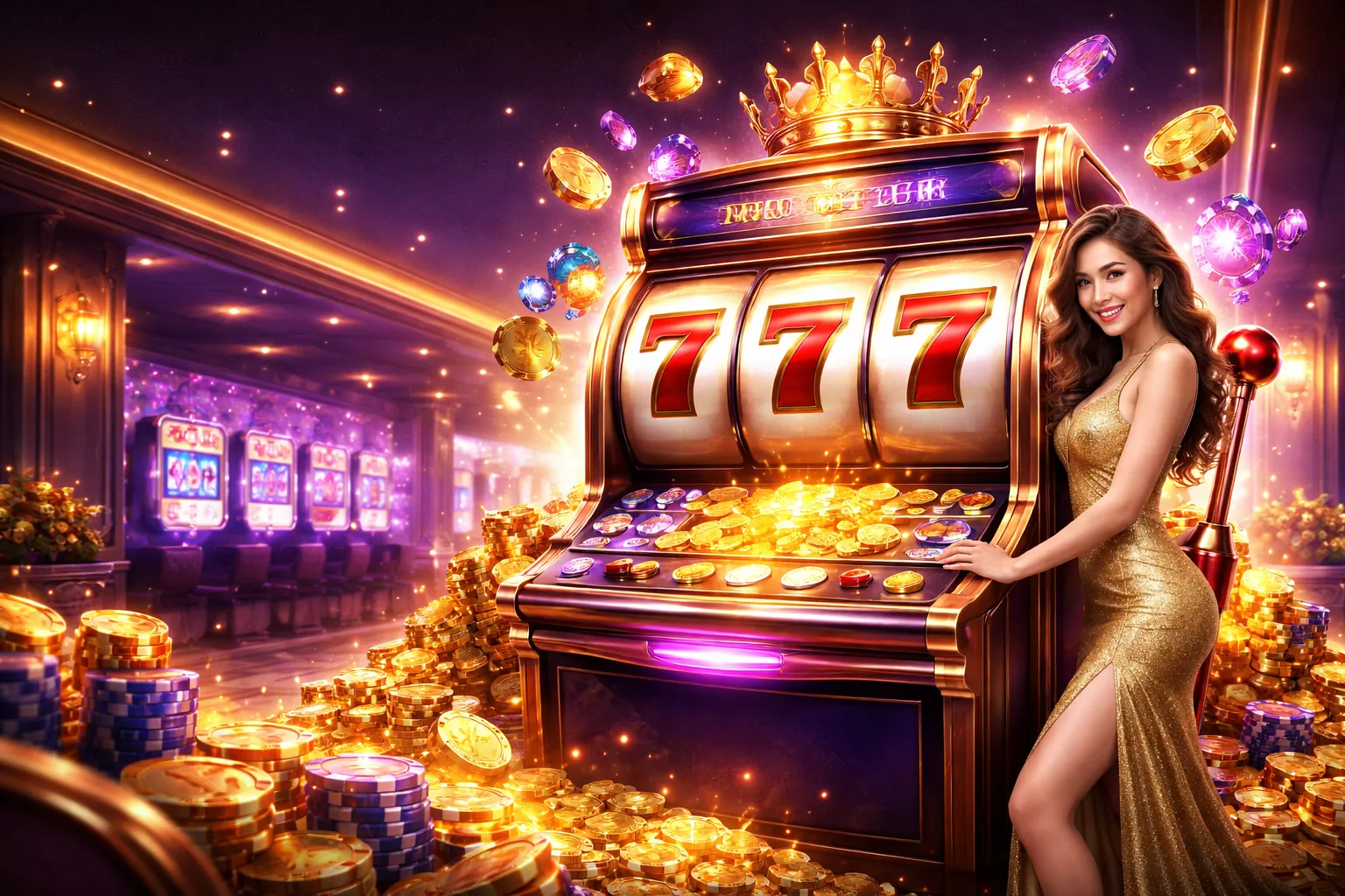 Máy đánh bạc nổ hũ với nhiều tiền vàng và biểu tượng jackpot tại 999ok đăng nhập